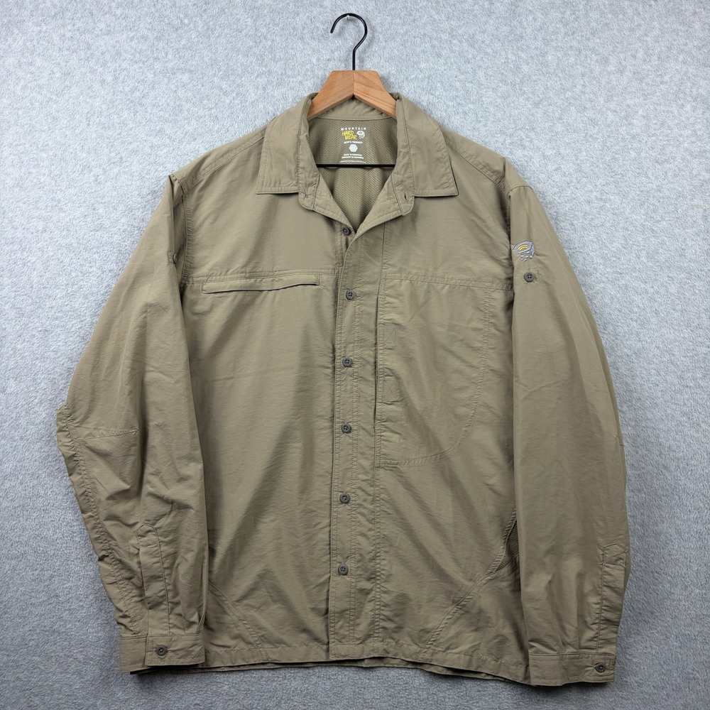 Mountain Hardwear Shirt Mens Large Khaki Canyon Vented Hiking Fishing Roll Tab